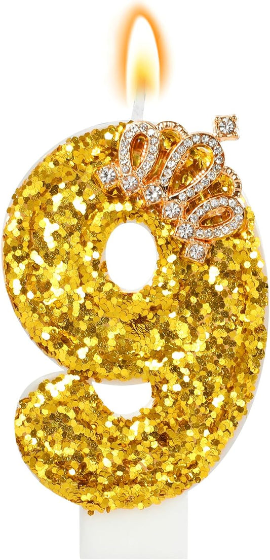 Gold Birthday Candle Crown Number 9 Candle with Sequins Cake Candles Cupcake Decorations Party Decor for Anniversary Celebrations Supplies