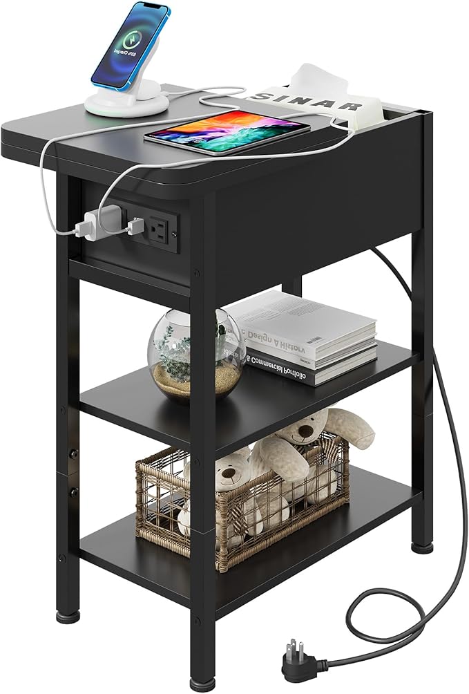 WLIVE End Table with Charging Station, Flip Top Narrow Side Table with Storage Shelf, Small Nightstand with USB Ports and Outlets,Bedside Table for Living Room, Bedroom,11.8" D x 23.6" W x 24.3" H