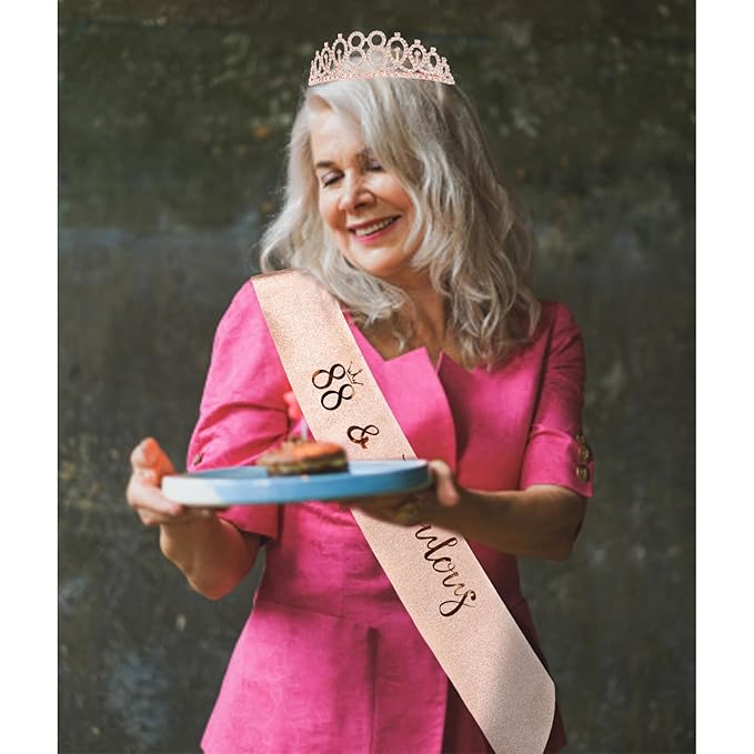 CIEHER 88th Birthday Crown + 88th Birthday Sash + Pearl Pin Set, 88 & Fabulous Birthday Sash, 88 Birthday Tiara, 88th Birthday Decorations for Women, 88th Birthday Gifts