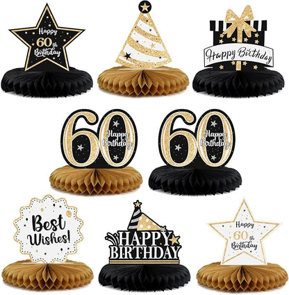 Happy 60th Birthday Decorations,60th Bday Gold Glitter Shiny Stand Honeycomb Table Centerpieces - Cheers to Sixty Years Old Birthday Party Photoprop Gift Sign.