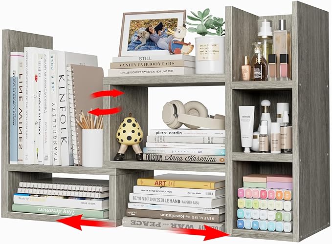 Desk Shelves Desktop Organizer Shlef - Grey Office Organization for Top of Desk Organizers and Accessories Corner Bookshelf Table Top Shelving Small Hutch Decorations for Office