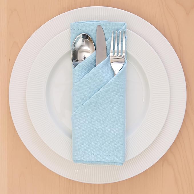 Encasa XO Ice Blue Cloth Napkins Set of 12, 17"x17" | Solid Color Cotton Dinner Napkins | Washable & Reusable Napkins for Dining Table Fall Decoration, Holiday & Christmas Festivals