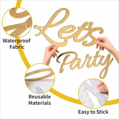 Let's Party Sign for Backdrop Decor Waterproof Lettering for Balloon Arch Garland Birthday Wedding Baby Shower Graduation Bachelorette Party Christmas Celebrate Decorations (Gold)