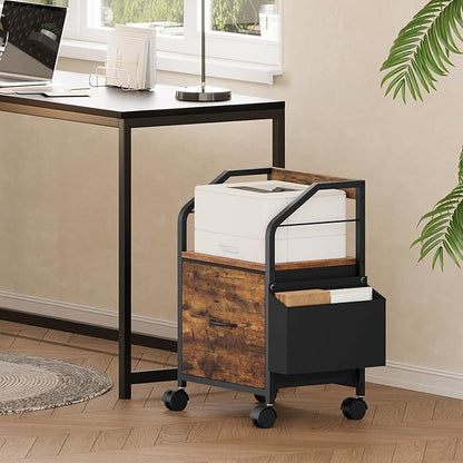 Small File Cabinet, Rolling Filing Cabinet for Under Desk with Divider, Single Non-Woven Fabric Drawer File Organizer for A4/Letter Size Documents, Under Desk Storage, Rustic Brown FCHR3001