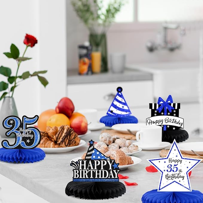 Happy 35th Birthday Decorations,35th Bday Blue Glitter Shiny Stand Honeycomb Table Centerpieces - Cheers to 35 Years Old Birthday Party Photoprop Gift Sign.