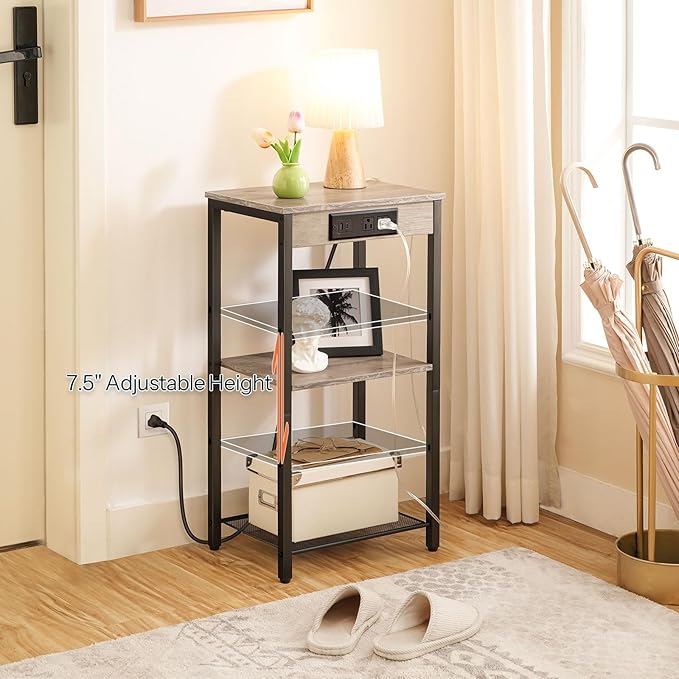 HOOBRO Tall End Table with Charging Station, 30 Inch Tall Nightstand, 3-Tier Small Side Table with Adjustable Shelf, for Living Room, Bedroom, Hallway, Greige BG09UDH01G1