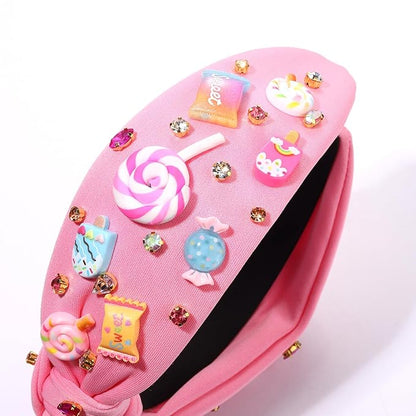 Knotted Headband for Women Lollipop Candy Charms Crystal Jeweled Embellished Top Knot Hairband Statement Wide Turban Hair Hoop Funny Gifts for Girls Sister Birthday Xmas Holiday Party