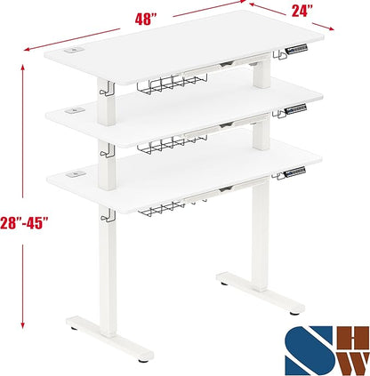 SHW 48-Inch Electric Height Adjustable Standing Desk with Drawer, Memory Preset and Cable Management Tray, White