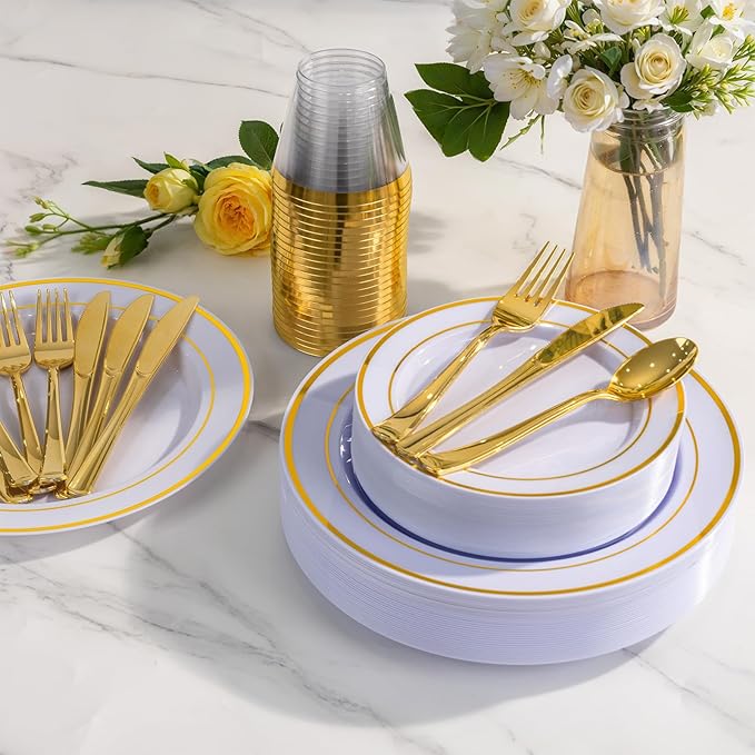 WELLIFE 600 PCS Gold Disposable Dinnerware Set for 100 Guests, Gold and White Plastic Plates for Party, 100 Each-Dinner & Salad Plates, Cups, Forks Knives Spoons for Wedding and Party