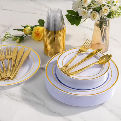 WELLIFE 600 PCS Gold Disposable Dinnerware Set for 100 Guests, Gold and White Plastic Plates for Party, 100 Each-Dinner & Salad Plates, Cups, Forks Knives Spoons for Wedding and Party