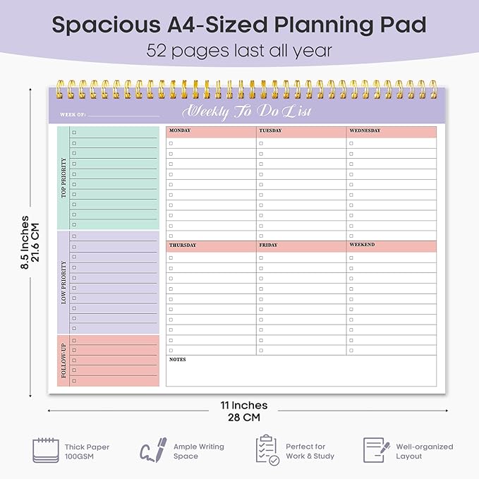 Taja Weekly To Do List Notepad with 52 Undated Sheets（8.5"×11"）- Weekly Desk Planner for Women & Man, Work and Home -1 Pack Violet Dream