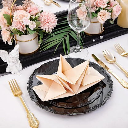 U-QE 100PCS Black Plastic Plates, Heavy Duty Black Disposable Plates Including 50PCS 10'' Dinner Plates & 50PCS 7.5'' Dessert Plate - Hard Plastic Plate for Party Wedding Bridal Shower