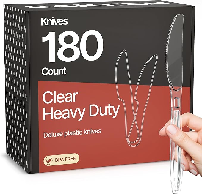 Bakken Disposable Cutlery Set 180 Pieces Knives, Heavy Duty Plastic Silverware, BPA-Free Food-Grade Materials, Heat-Resistant, Reusable Utensils for Parties, Catering, BBQs, and Everyday Use, Clear