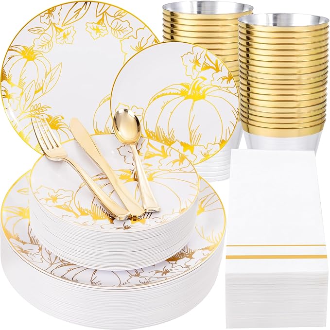 Liacere 175PCS Thanksgiving Plates- Gold Pumpkin Plastic Plates-Thanksgiving Plastic Plates and Napkins Sets Include 50 Plastic Plates,75 Thanksgiving Dinnerware，25 Gold Cups 25 Napkin