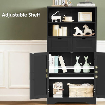 TEENFON Storage Cabinet with Doors & 2 Drawers, Kitchen Cabinet with Adjustable Shelf, Pantry Cabinets, Bathroom Cabinets, for Living Room, Entryway, Home Office, Black