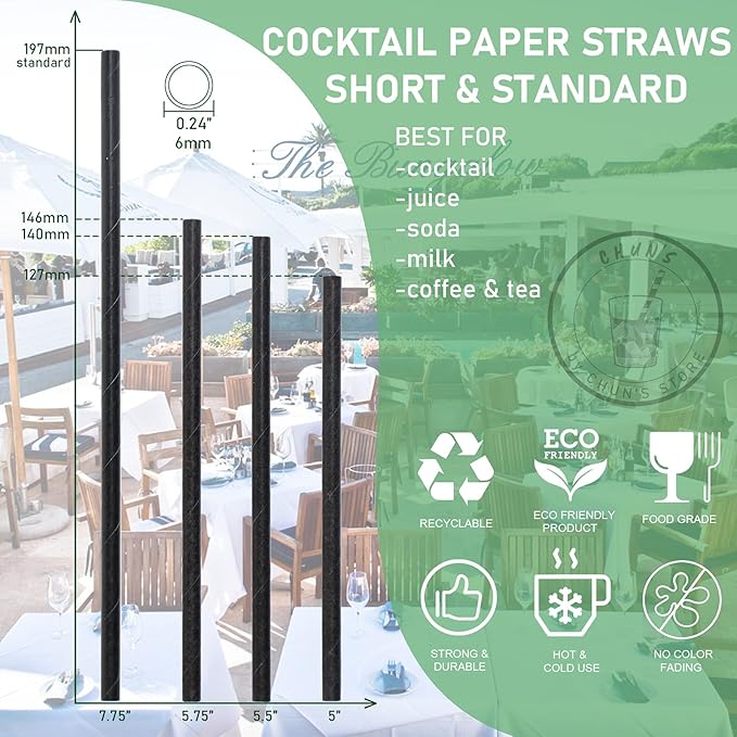 Black Paper Straws 5.75 inch - 500 Bulk Biodegradable Paper Drinking Straws and Stir Sticks for Coffee and Cocktails