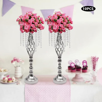 Wedding Centerpieces Gold Vases,10PCS Metal Flower Candle Holder with Sparkling Crystal Beads,Crystal Flower Vase Metal Flowers Stand for Party Tables Decorations (10pcs-Sliver-14cm)
