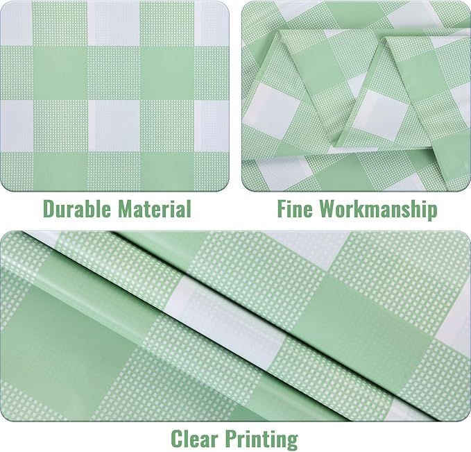 Kesfey 9 Packs Sage Green Gingham Tablecloth Sage Green and White Checkered Table Cloths 54 x 108 Inches Disposable Plastic Gingham Tablecovers Waterproof Picnic Camping Table Covers for Baby Shower