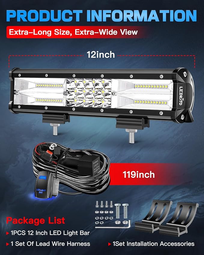 12 Inch LED Light Bar 120W 30000LM LED Off Road Driving Fog Lights Work Lamps Spot Flood Combo with Rocker Switch 16AWG Wiring Harness Kits for Trucks ATV UTV SUV UTE Pickup Tractor Golf