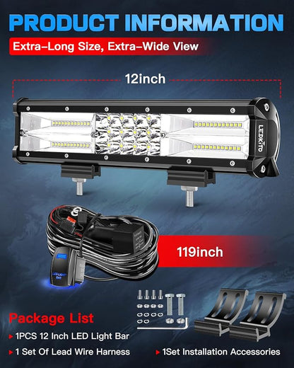 12 Inch LED Light Bar 120W 30000LM LED Off Road Driving Fog Lights Work Lamps Spot Flood Combo with Rocker Switch 16AWG Wiring Harness Kits for Trucks ATV UTV SUV UTE Pickup Tractor Golf