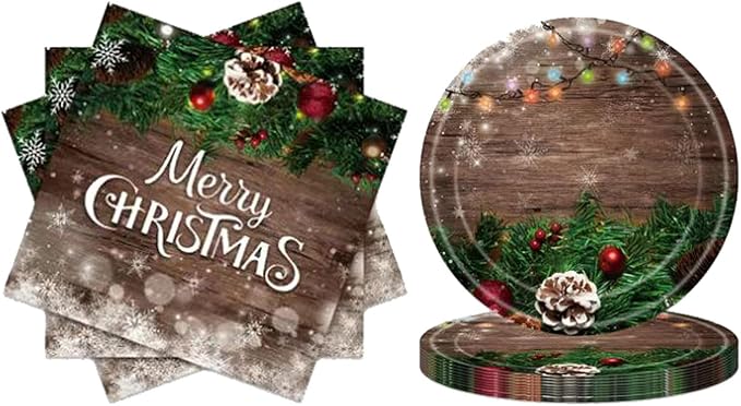 36PCS Christmas Tableware Decorations Dinnerware Party Supplies Set Includes Disposable Paper Plates and Napkins