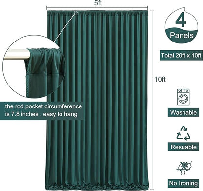 4 Panels Hunter Green Backdrop Curtain for Parties Wrinkle Free Dark Green Photo Curtains Backdrop Drapes Fabric Decoration for Baby Shower Birthday Party Photography 20ft(W) x 10ft(H)