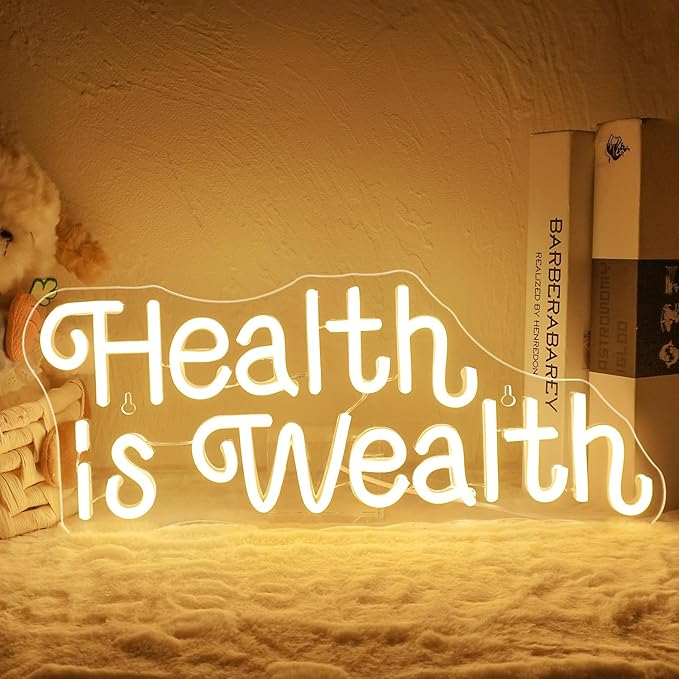 NOSUN Health is Wealth Neon Sign Healths Neon Signs for Wall Decor Warm White Letter Sign with USB Neon Word Sign for Bedroom Office Party Club Light Up Signs Wealth Neon Decoration LED Light