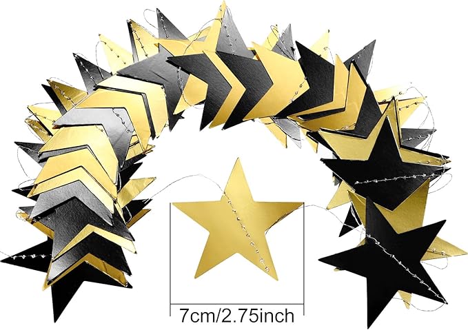 Patelai Glitter Star Garland Banner Christmas Decor 130 Feet Star Hanging Bunting Banner Twinkle Backdrop for Homecoming Classroom Wedding Birthday Halloween Party Supplies(Black, Gold)