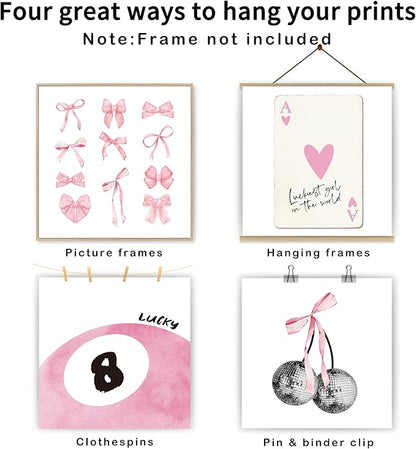 okaxscm Pink Coquette Trendy Preppy Wall Art Prints Set of 4, Coquette Room Decor, Preppy Room Decor Aesthetic, Pink Bow Disco 8 Ball Cherry Wall Decor Posters for Girls Bedroom Dorm, 10x10 Unframed