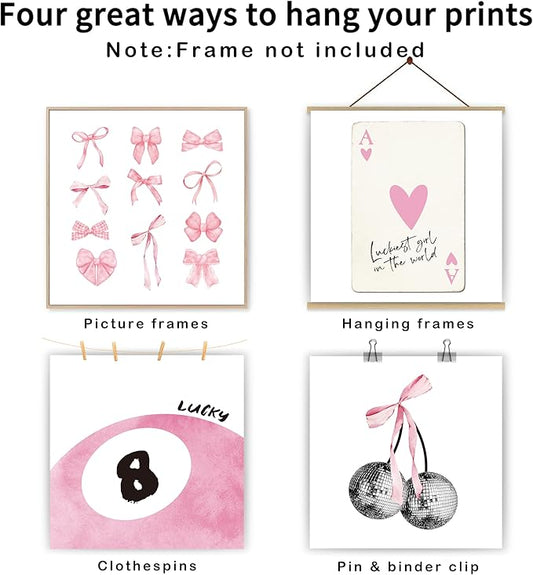 okaxscm Pink Coquette Trendy Preppy Wall Art Prints Set of 4, Coquette Room Decor, Preppy Room Decor Aesthetic, Pink Bow Disco 8 Ball Cherry Wall Decor Posters for Girls Bedroom Dorm, 10x10 Unframed