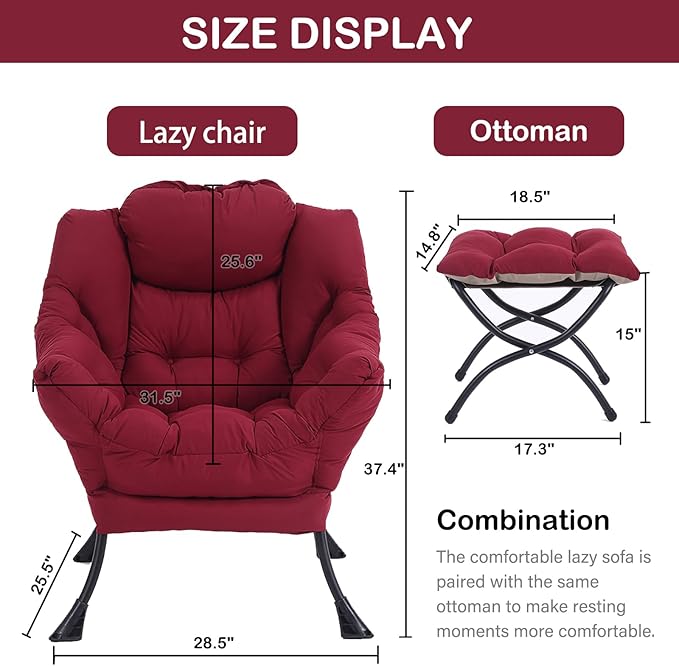 LITA Lazy Chair with Ottoman, Modern Accent Leisure Upholstered Sofa Chairs, Contemporary Lounge Reading Chairs with Armrests and a Side Pocket for Living Room, Bedroom & Small Space, Burgundy