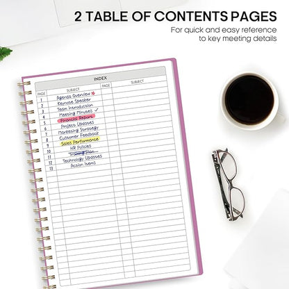 Meeting Notebook for Work Organization - Work Planner Notebook with Action Items, Agenda Planner for Note Taking, 160 Pages (6.9" X 9.9") Project Organizer for Men & Women - Purple