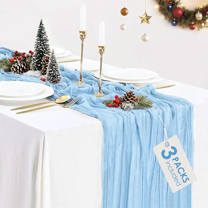 3 Pack Baby Blue Table Runner Boho Gauze Cheesecloth Table Runner 120 Inches Long Light Blue Cheese Cloth Runner for Wedding Bridal Baby Shower Birthday Party Thanksgiving Decor