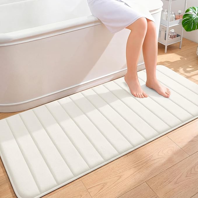 OLANLY Memory Foam Long Bathroom Rugs Runner 59x24, Super Soft Absorbent Bath Mat, Quick Dry, Machine Washable Shower Floor Rugs, Bathmat Carpet, Bathroom Home Decor Accessories, Ivory