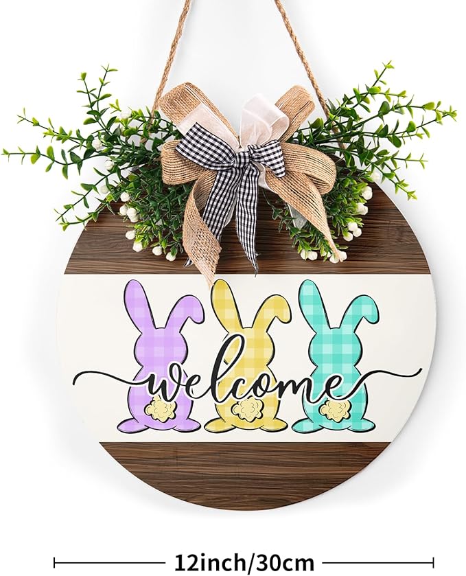 Happy Easter Sign 12X12 Inch Easter Bunny Rabbit Sign Easter Decorations Door Hanger for Outdoor Outside Porch Spring Easter Wood Plaque Round Easter Welcome Sign for Home Farmhouse Porch Wall Indoor