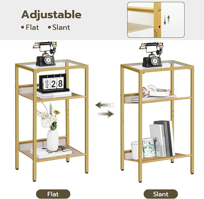 HOOBRO Gold Side Table, Tall Telephone End Table with Mesh Shelves, 3-Tier Nightstand with Tempered Glass Tabletop, for Living Room, Bedroom, Gold GD04DH01