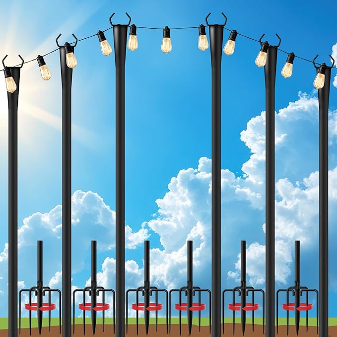 6 Pack 10Ft String Light Poles for Outside, Metal Outdoor Light Poles with 5 Prongs for Garden Patio Backyard Deck, Fence Bracket Hanging Light for Party Wedding Decor