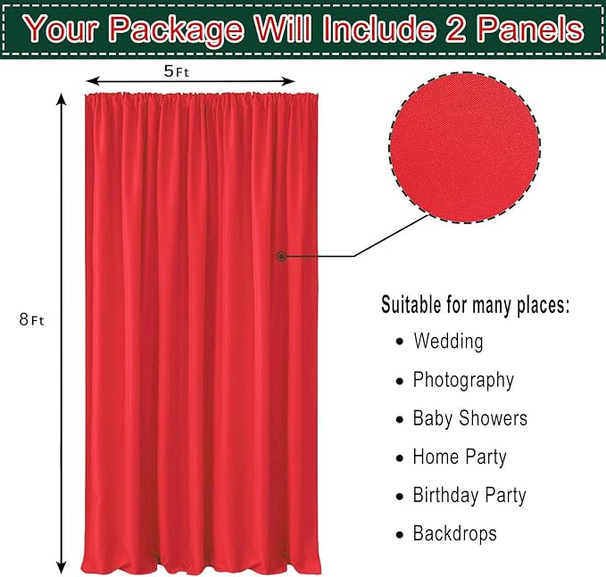 Hiasan Red Backdrop Curtains for Parties, Polyester Photography Backdrop Drapes for Family Gatherings, Wedding Decorations, 5ftx8ft, Set of 2 Panels