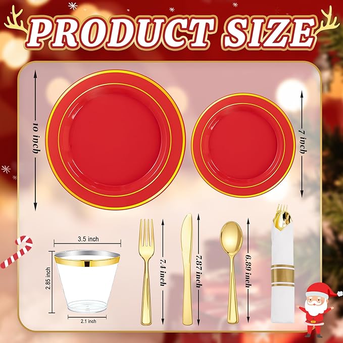 350Pieces Red Plastic Plates with Gold Rim Include 50Dinner Plate 10”, 50Dessert Plate 7”, 50 gold Cups 9 OZ, 50 Pre Rolled Napkins for Christmas Party