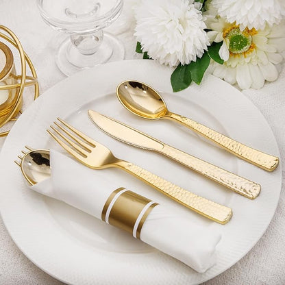 Nervure 400PCS Pre Rolled Gold Plastic Silverware Sets - Heavy Duty Hammered Gold Cutlery Include 100 Pack Wrapped Disposable Utensils with Napkins for Parties, Dinners & Weddings