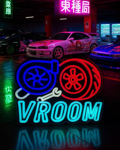 VROOM Neon Sign for Car Lovers - 15.7’’ × 12.6’’ LED Wall Light with Turbo & Tire Design, USB Powered, Dimmable Garage Decor for Man Cave, Racing Room, Gamer Setup, Auto Enthusiast Gift