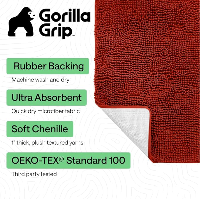 GORILLA GRIP Bath Rug Mat 30x20, Thick Soft Absorbent Chenille, Quick Dry Microfiber Mats, Rubber Backing Washable Shower Floor Rugs, US Designed Bathroom Bathmat Accessories, Decor, Sunset Orange