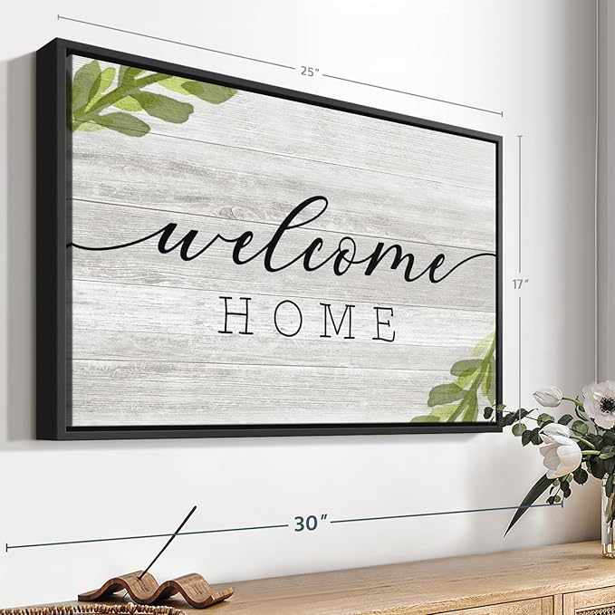 Elephant Stock Rustic Welcome Home Wall Art - Horizontal Floating Framed Canvas - 1-Piece Living Room Wall Decor - Digital Art Inspirational And Typography Canvas Print - Gray and Black Decor for Wall by Natalie Carpentieri - 25" X 17"