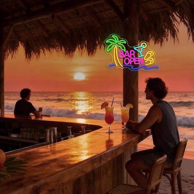 Lucunstar Neon Bar Sign LED Beer Sign USB Powered with Coconut Tree Slipper Wine Glass Bar Open Light Up Pub Party Man Cave Vacation Hotel LED Beer Neon Light Art Decor Gifts for Birthday Christmas