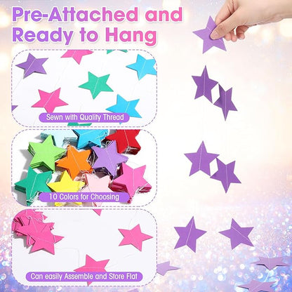 Patelai Glitter Star Garland Banner Christmas Decor 130 Feet Star Hanging Bunting Banner Twinkle Backdrop for Homecoming Classroom Wedding Birthday Halloween Party Supplies(Rainbow)