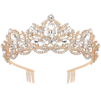 Gold Tiara and Crown for Women Crystal Headband with Comb Rhinestones Princess Hairpiece for Girls Wedding Hair Accessories for Party Bride Bridesmaids Bridal Prom Halloween Costume Cosplay