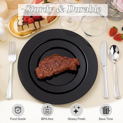 BESTSTAR 100PCS Black Plastic Plates Set, 50 10.25 inch Dinner Plates and 50 7.5 inch Dessert Plates, Premium Disposable Plates for Party, Wedding,Halloween