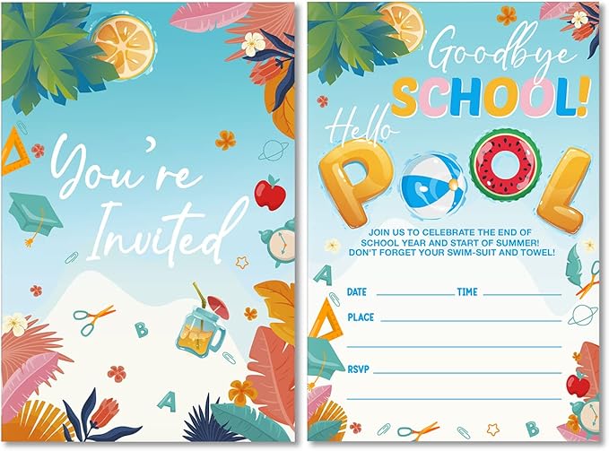 Soiceu Goodbye School Hello Pool End of School Party Invitations with Envelopes Set of 20 Kids End of Backyard Summer Party Invites Fill in Blank