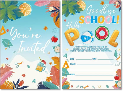 Soiceu Goodbye School Hello Pool End of School Party Invitations with Envelopes Set of 20 Kids End of Backyard Summer Party Invites Fill in Blank