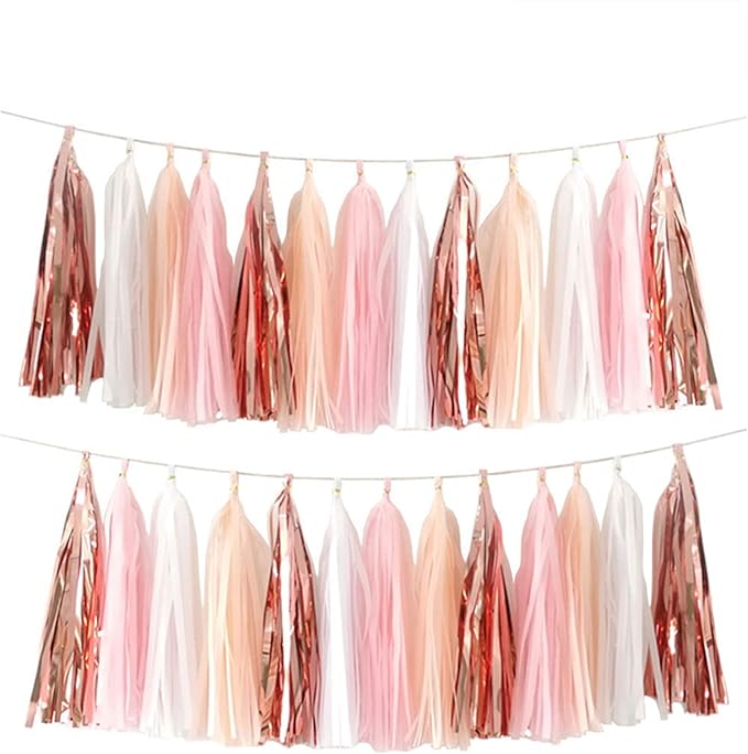 We Moment Tissue Paper Tassels Party Tassel Garland Banner for Party Decorations, DIY Kits,Pink,White,Peach,Rose glod,40 PCS